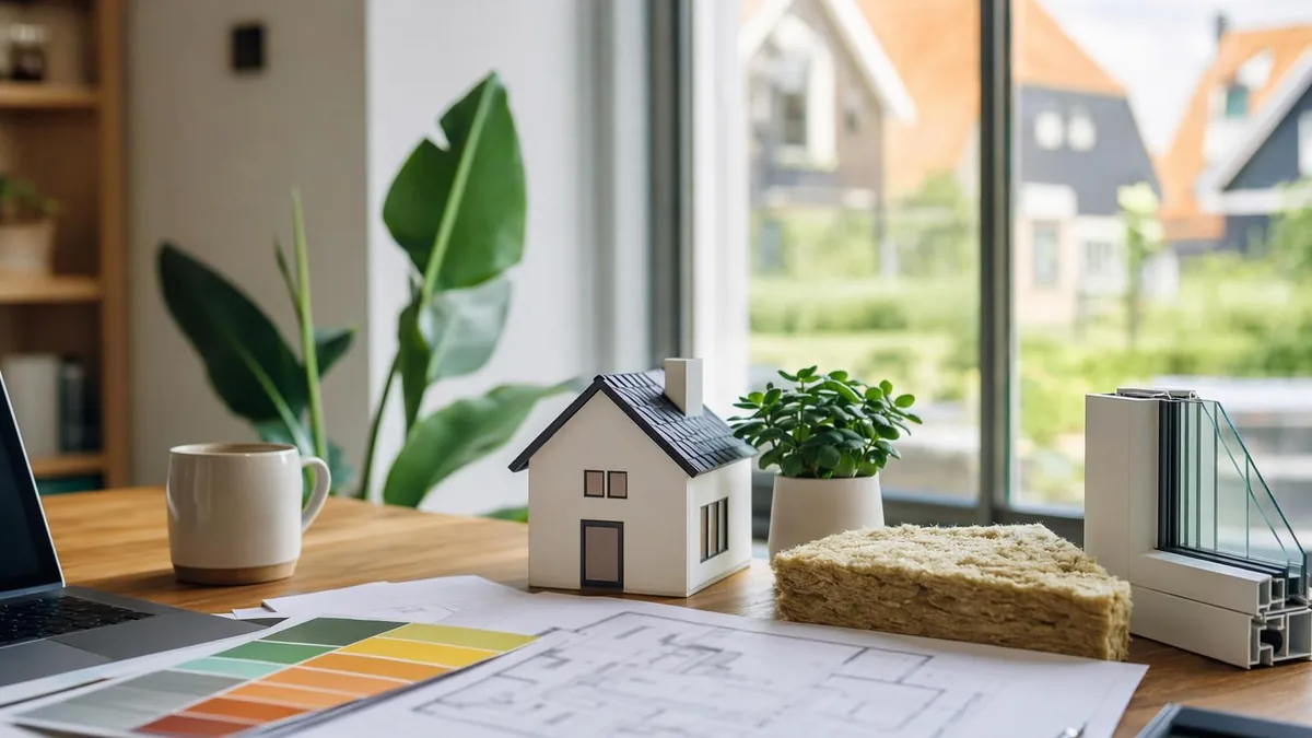 Modelwoning met isolatiemateriaal, kleurstalen, bouwtekening en calculator voor energielabel en hypotheek.