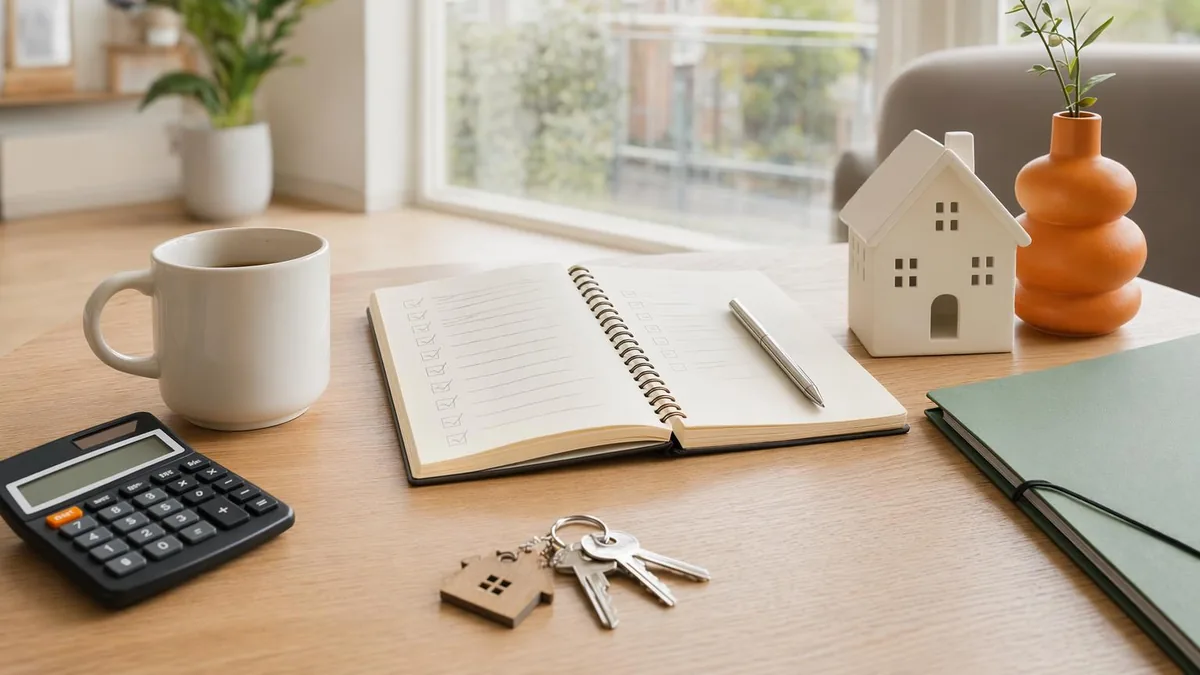 Notitieboek met checklist, calculator, sleutels en modelwoning voor koopbudget voorbereiden.