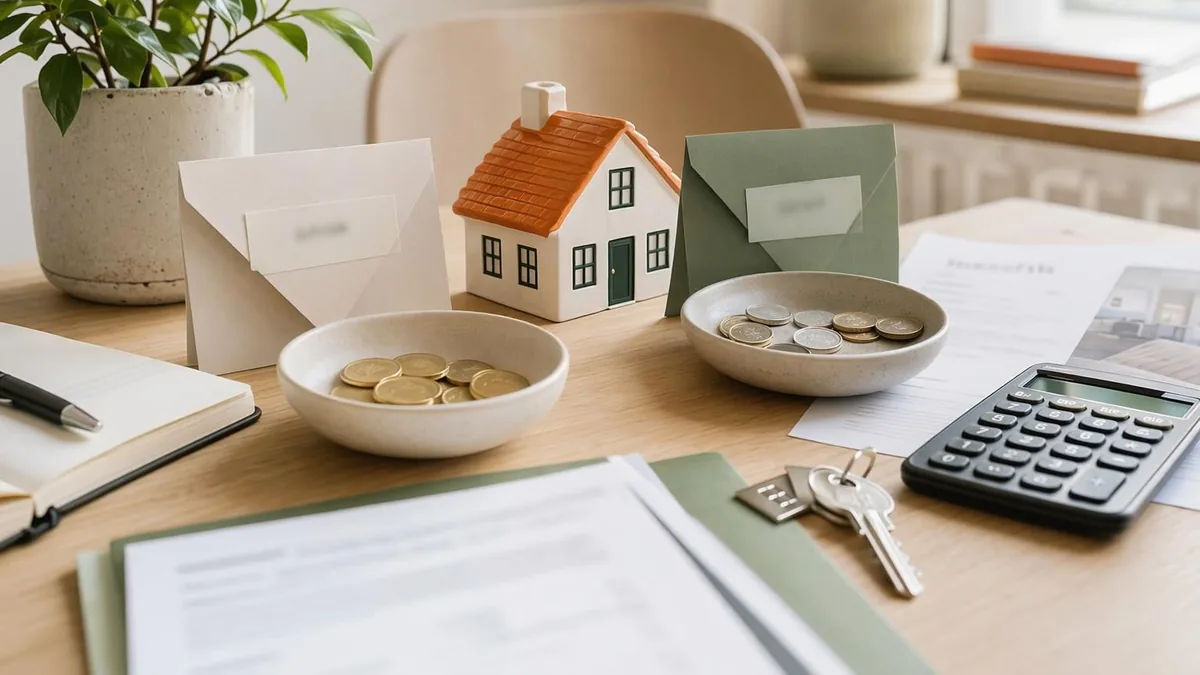 Tafel met modelwoning, munten, enveloppen en calculator voor kosten koper en eigen geld.