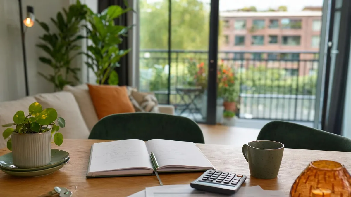 Tafel met calculator, notitieboek, sleutels en woonlastenpapieren voor maandlasten hypotheek berekenen.