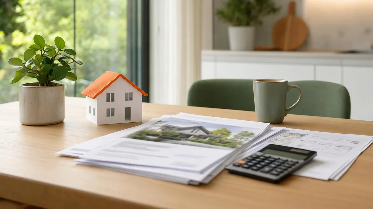 Tafel met modelwoning, calculator en woningpapieren als beeld bij maximale hypotheek berekenen.